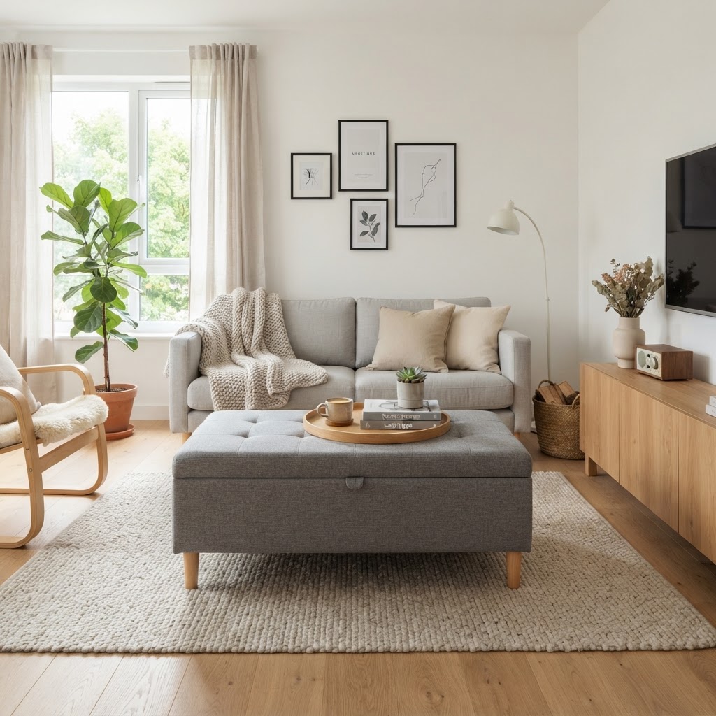 A chic storage ottoman provides both seating and hidden storage.