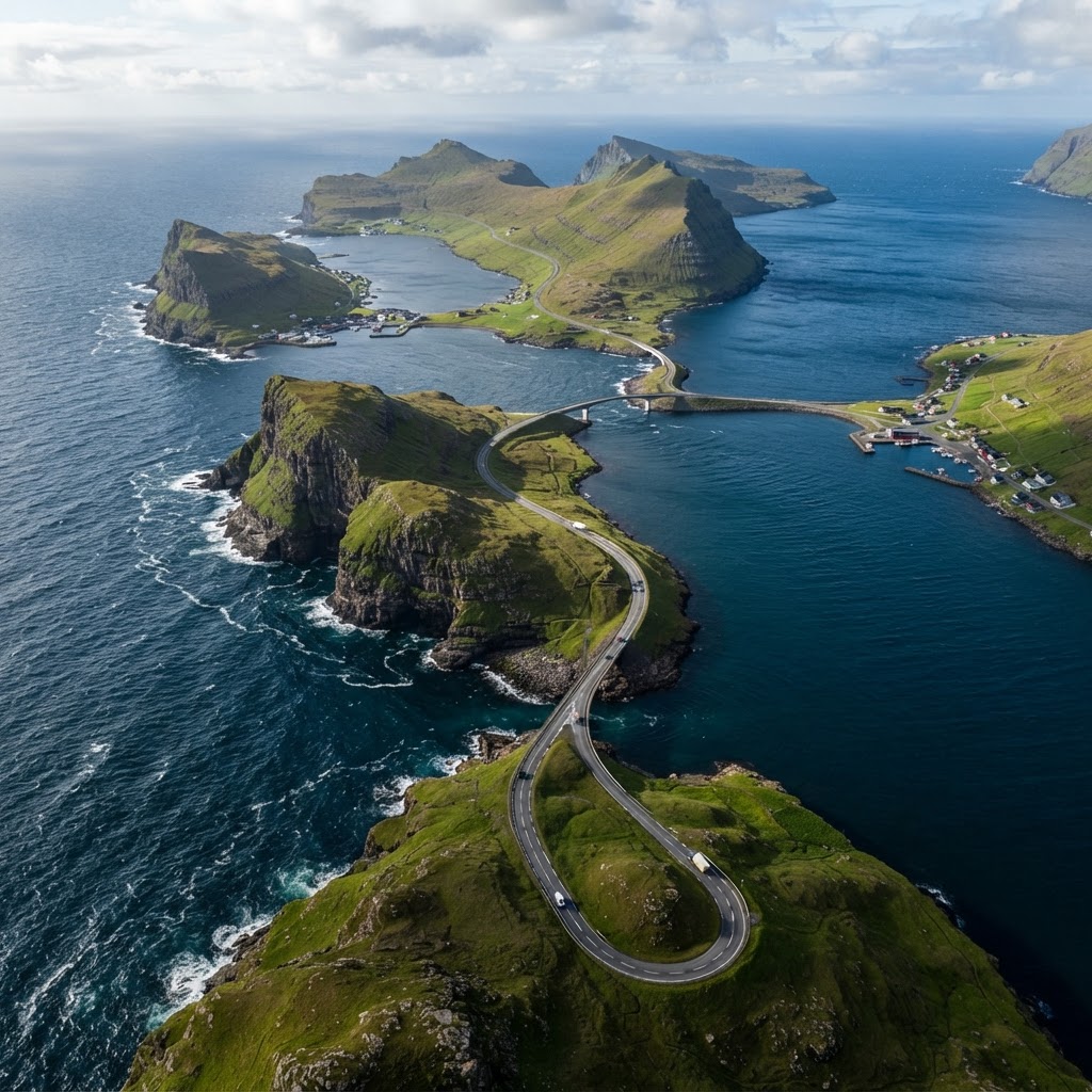 A bird's eye view of the winding path across the rugged Norwegian islands.