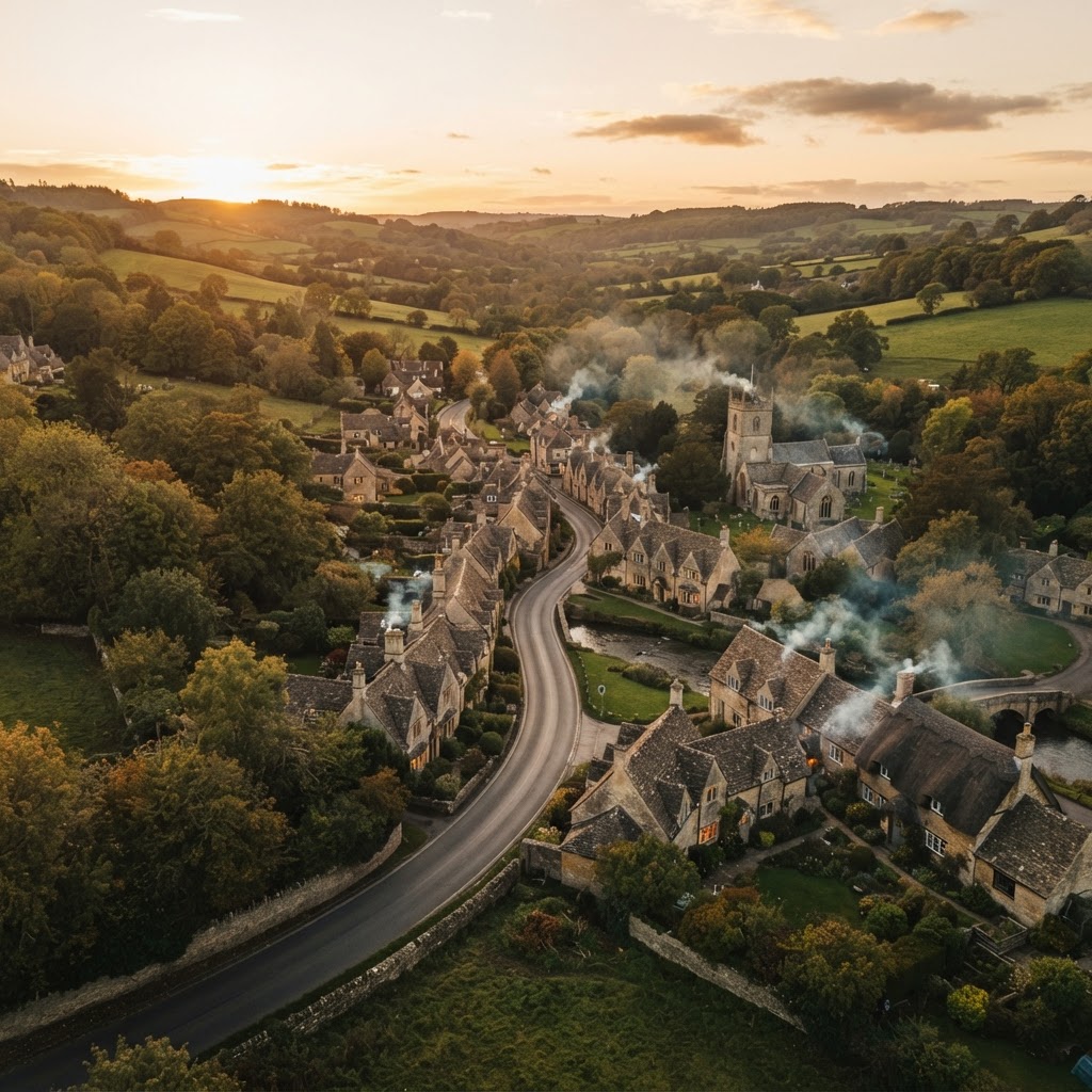 The golden hour glow over a picturesque Cotswolds village.