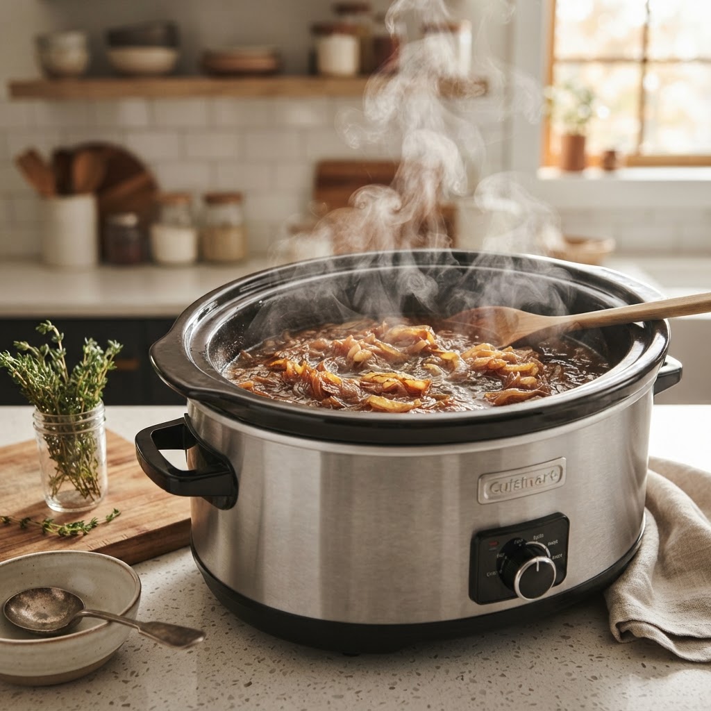 Caramelized onions slow-cooking in a rich beef broth base.
