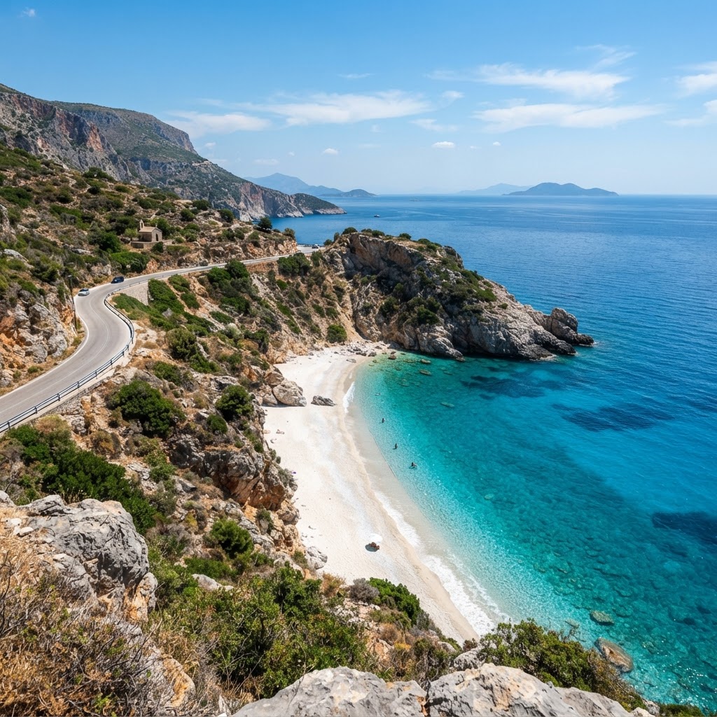 A hidden, pristine beach discovered along a scenic Greek drive.