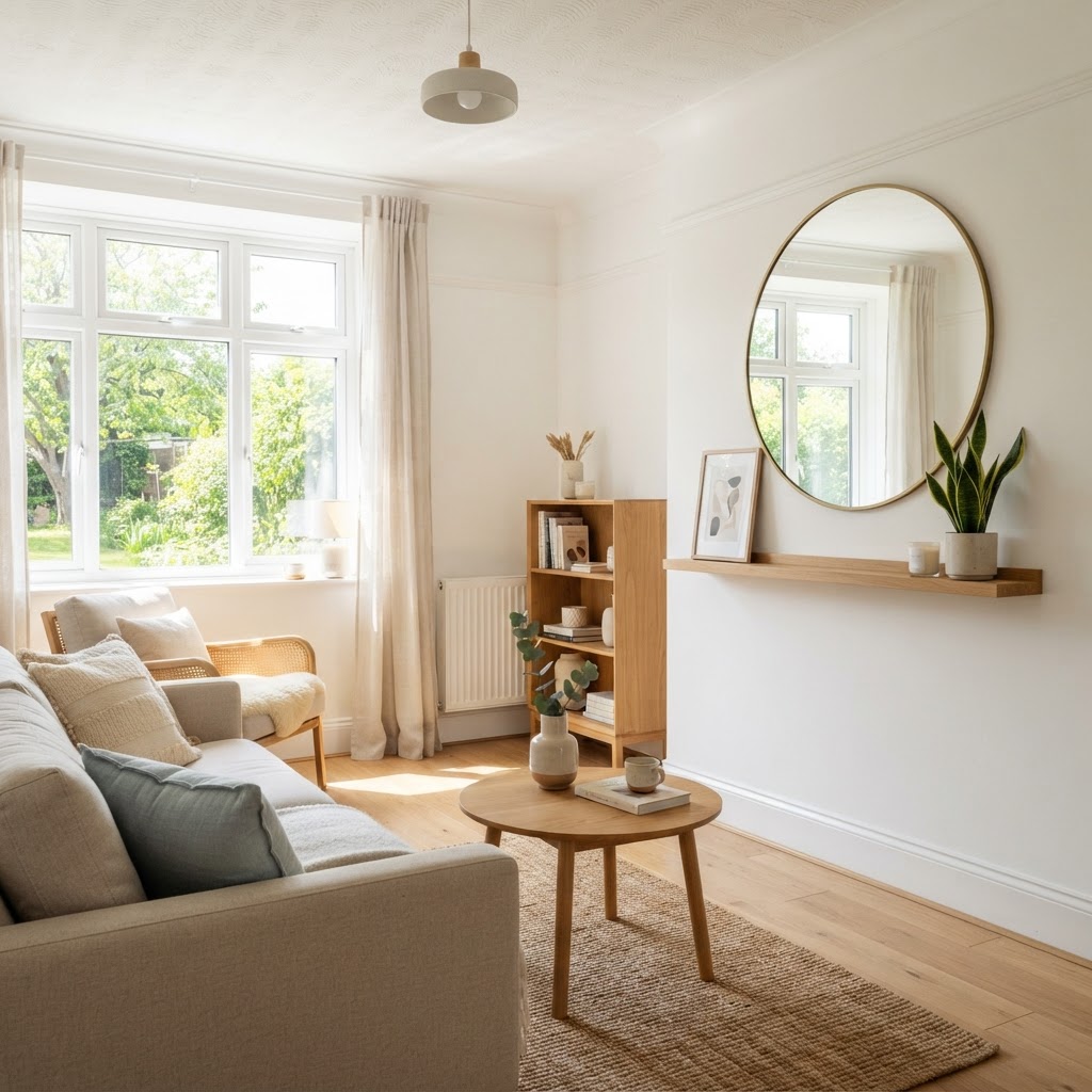 Mirrors and light colors help expand this small living area.