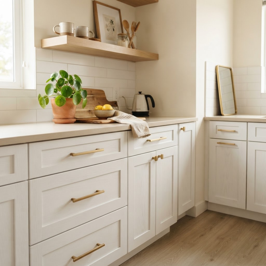 Simple hardware swaps elevate any rental kitchen instantly.