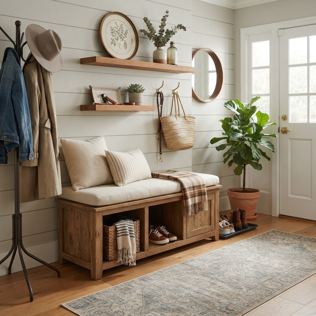 Bench storage is the perfect way to hide shoes.