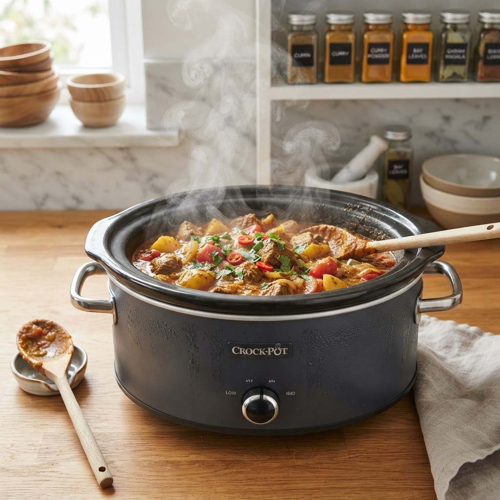 The slow cooker brings out the deep, aromatic flavors of the curry.