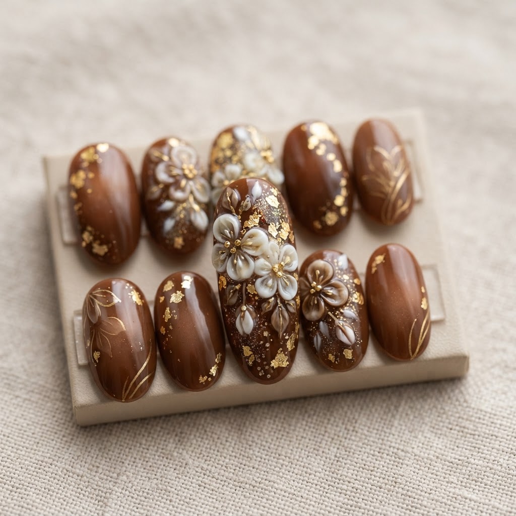 Intricate brown pattern press-on set with 3d gel flowers.