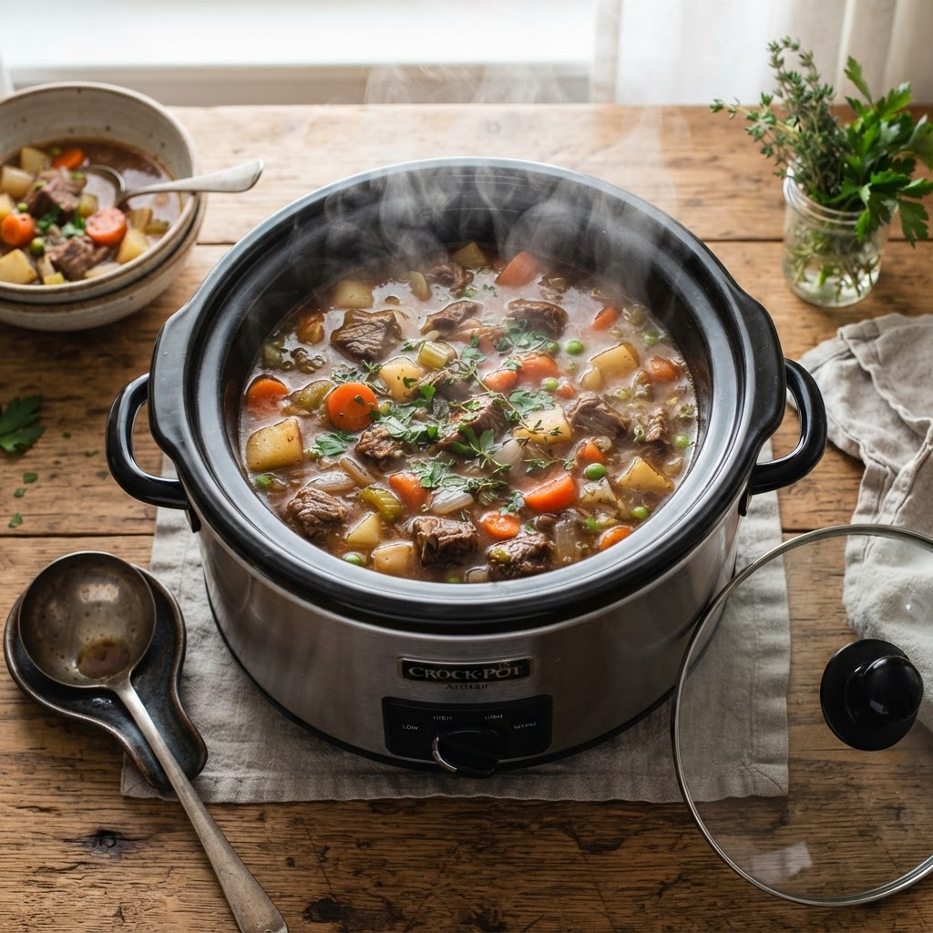Hearty beef stew prepared in a slow cooker.