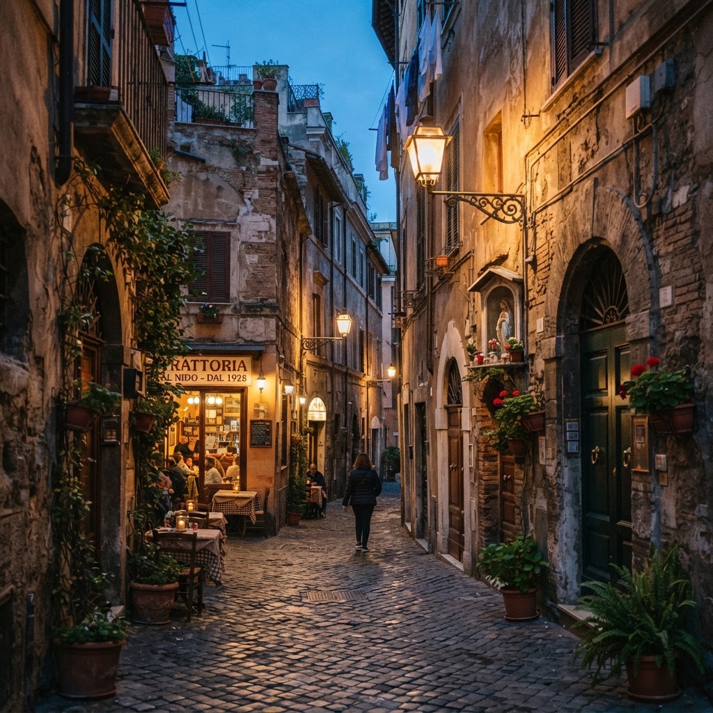 The moody, romantic atmosphere of a Roman alley at dusk.