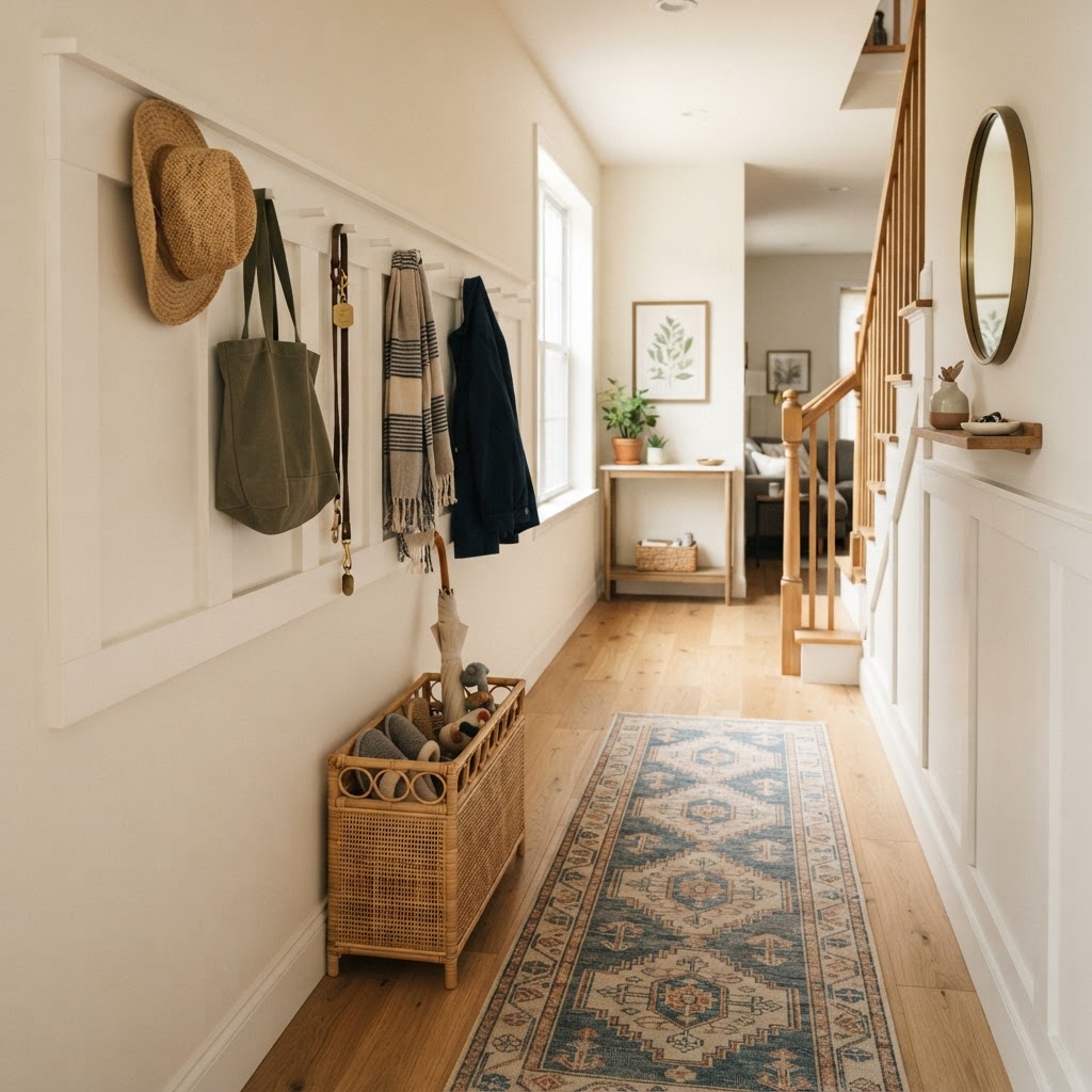 Peg rails keep outerwear organized in narrow halls.