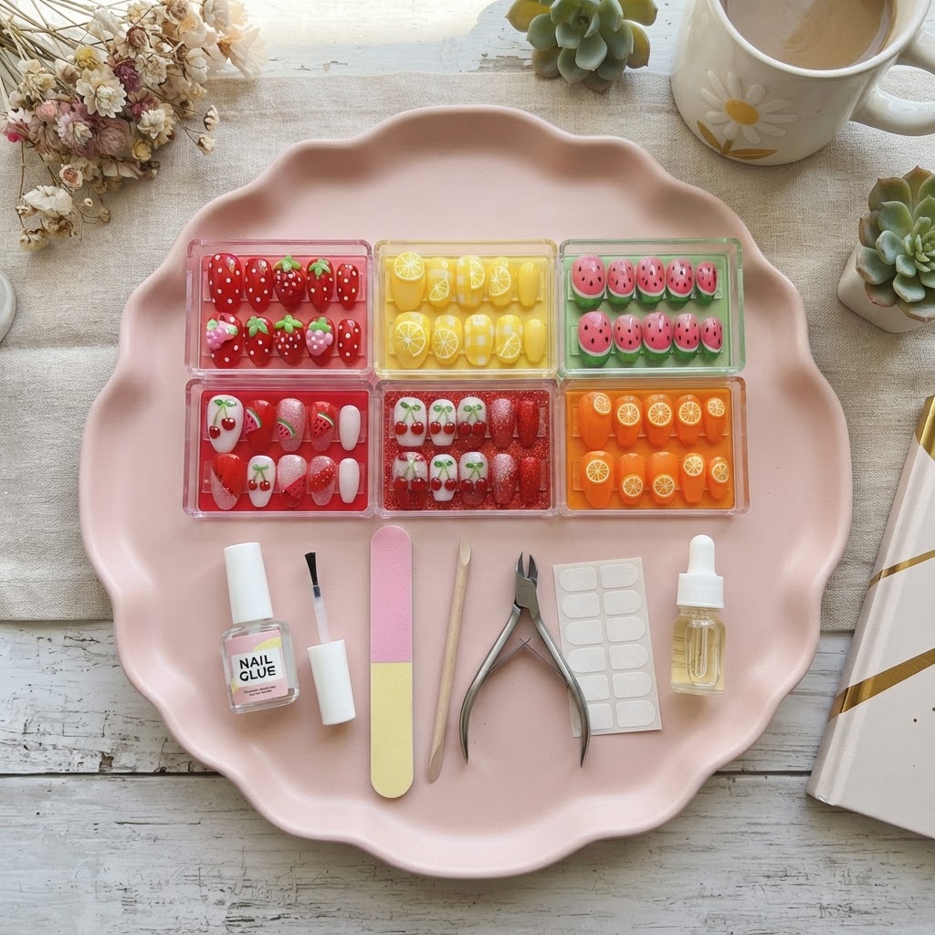 An organized kit of summer fruit press-on nails and application essentials.
