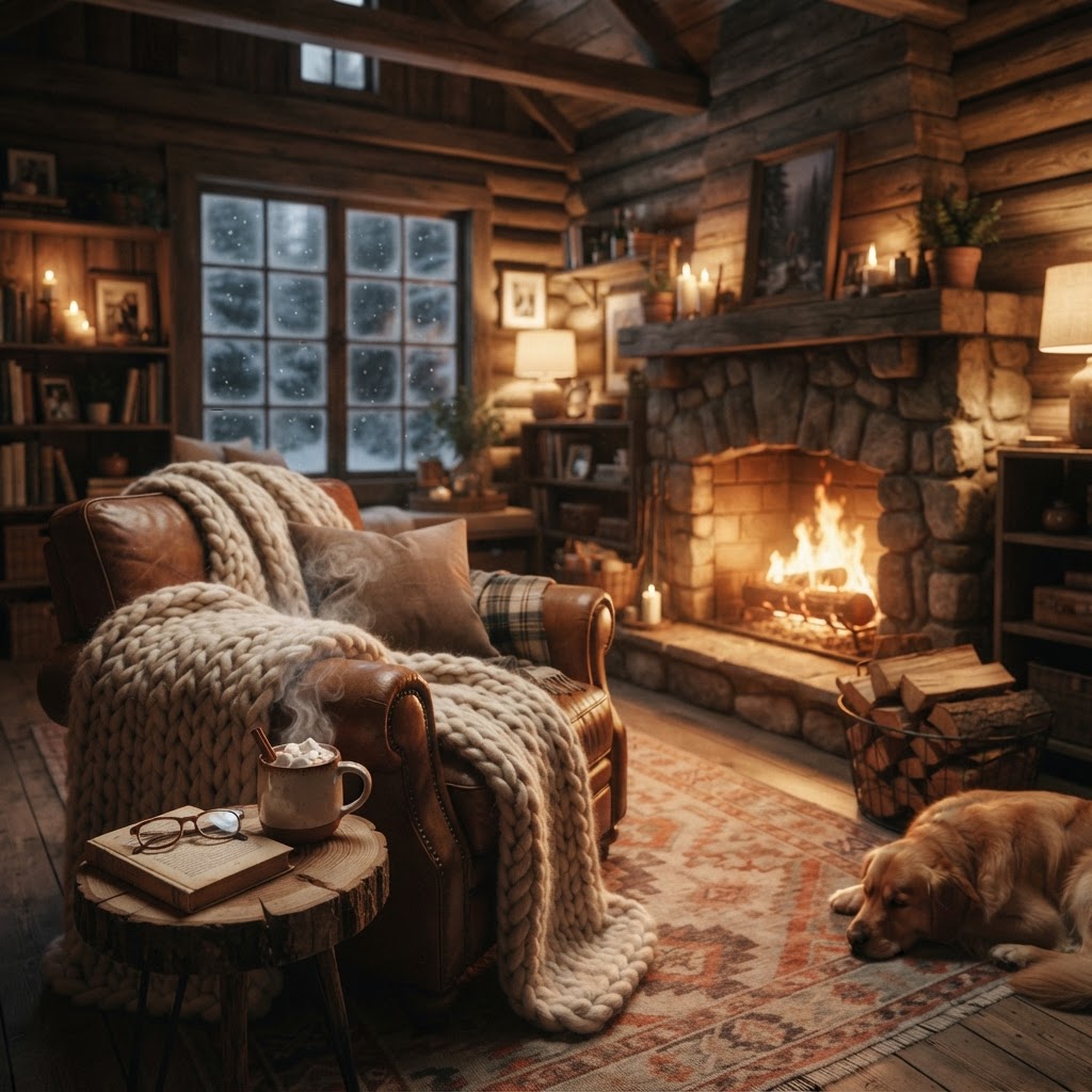 Embracing the concept of 'koselig' in a cozy Norwegian cabin.