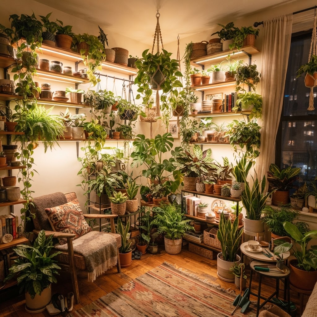 Using vertical space and plants allows for creative, layered lighting placements.