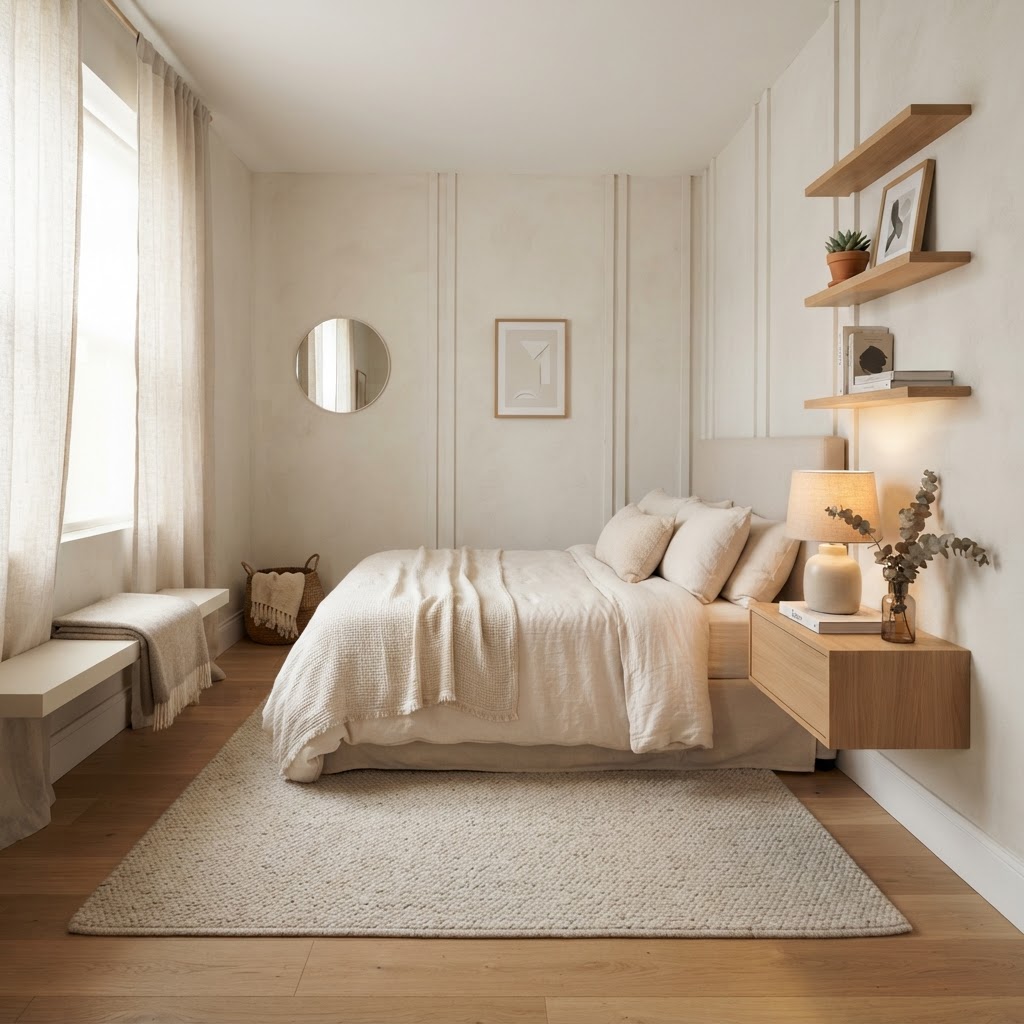 Floating furniture helps create an airy, open feel in small bedrooms.