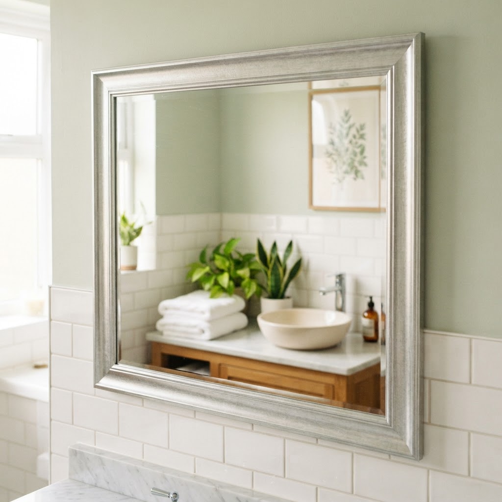 Add a frame to your mirror using simple peel-and-stick kits to create a custom focal point.