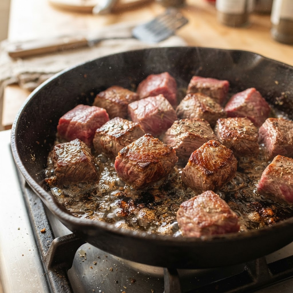 Searing beef cubes is the secret step to adding deep, rich flavor to your stew.