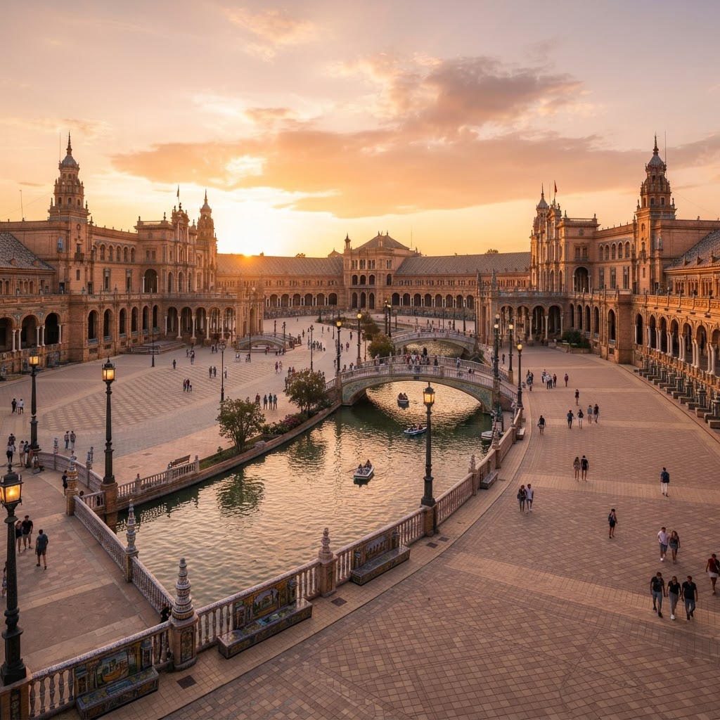 The grand tile architecture of the Plaza de España.