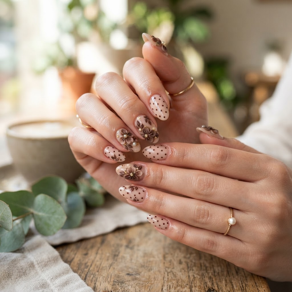 Chocolate polka dot and nude 3D floral press-on nails offer a sophisticated, trendy look for any occasion.
