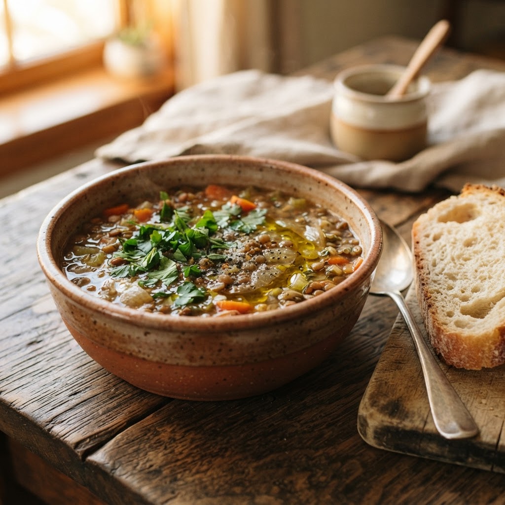 A steaming bowl of homemade lentil slow cooker soup.