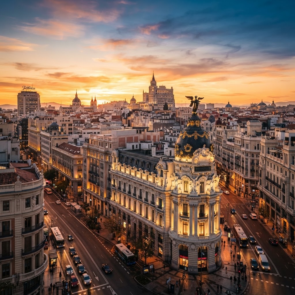 The Madrid skyline glows under the warm radiance of the setting sun.