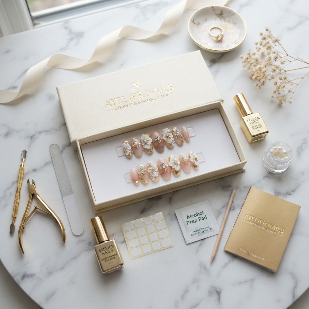 Luxury press-on nail kits provide salon-quality results for your bridal look.