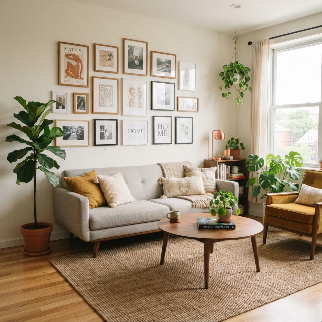 Use adhesive strips to create a personalized gallery wall without damaging paint.