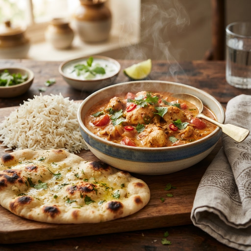 Flavorful slow cooker chicken curry served with rice.