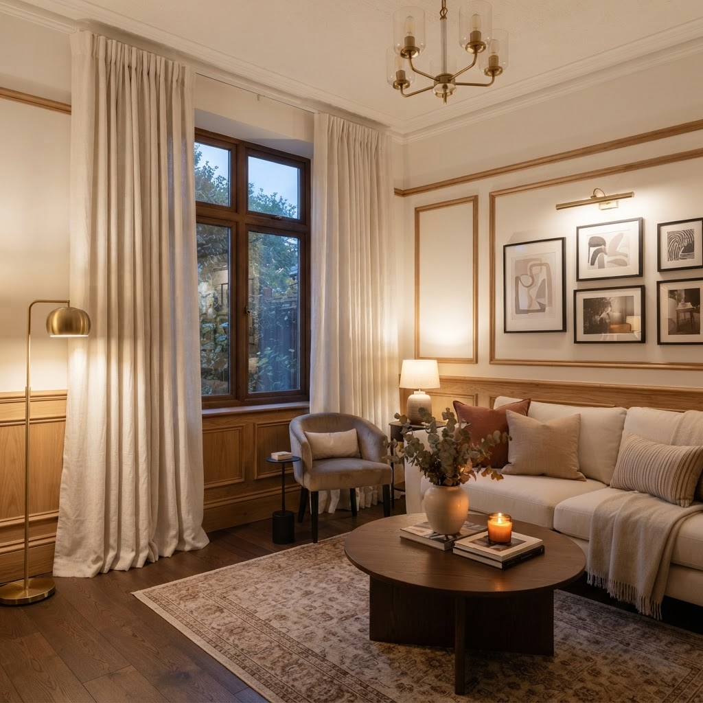 Mounting curtains high to the ceiling creates the illusion of height.