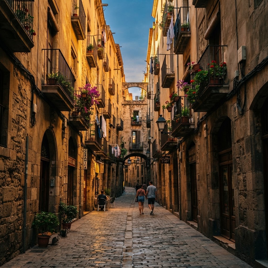 Sunlight streams down a medieval alleyway in Barcelona's Gothic Quarter.