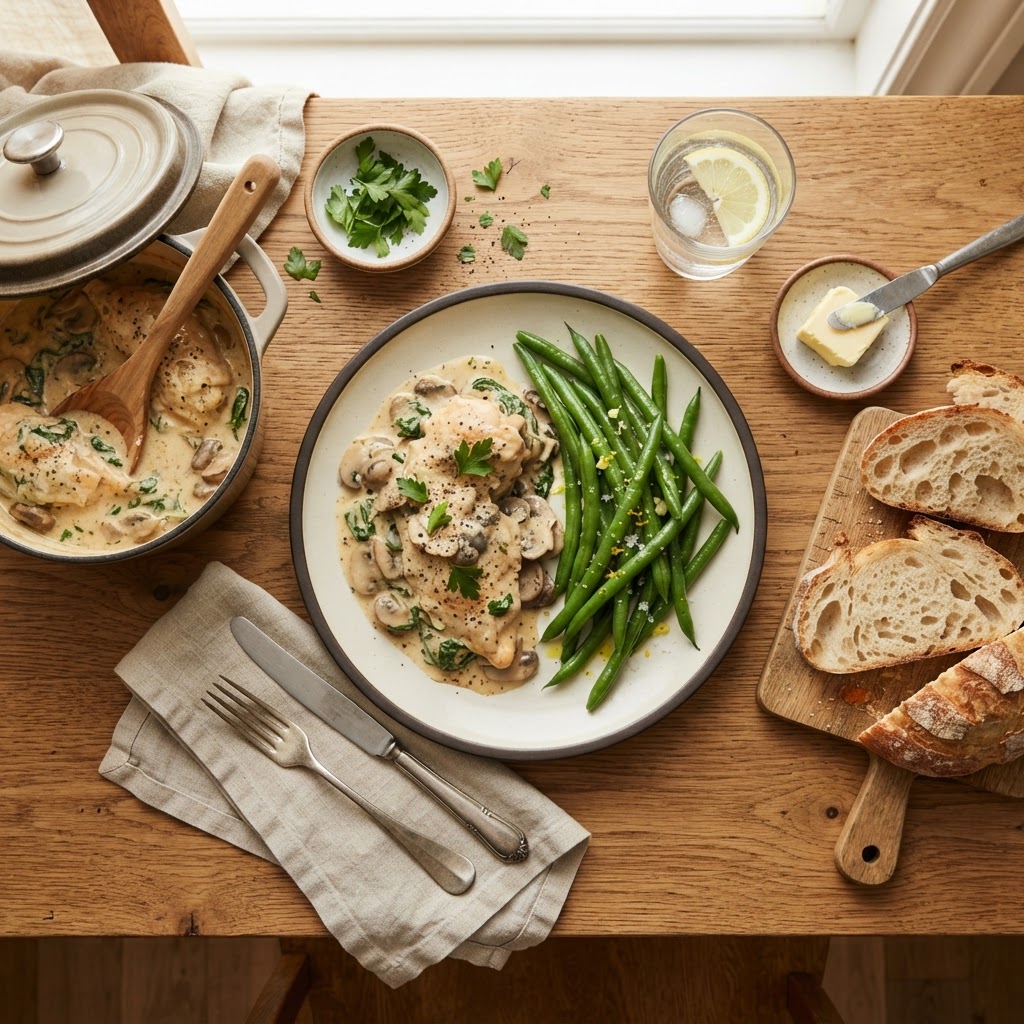 A perfectly balanced healthy chicken dinner with sides of green beans and bread.