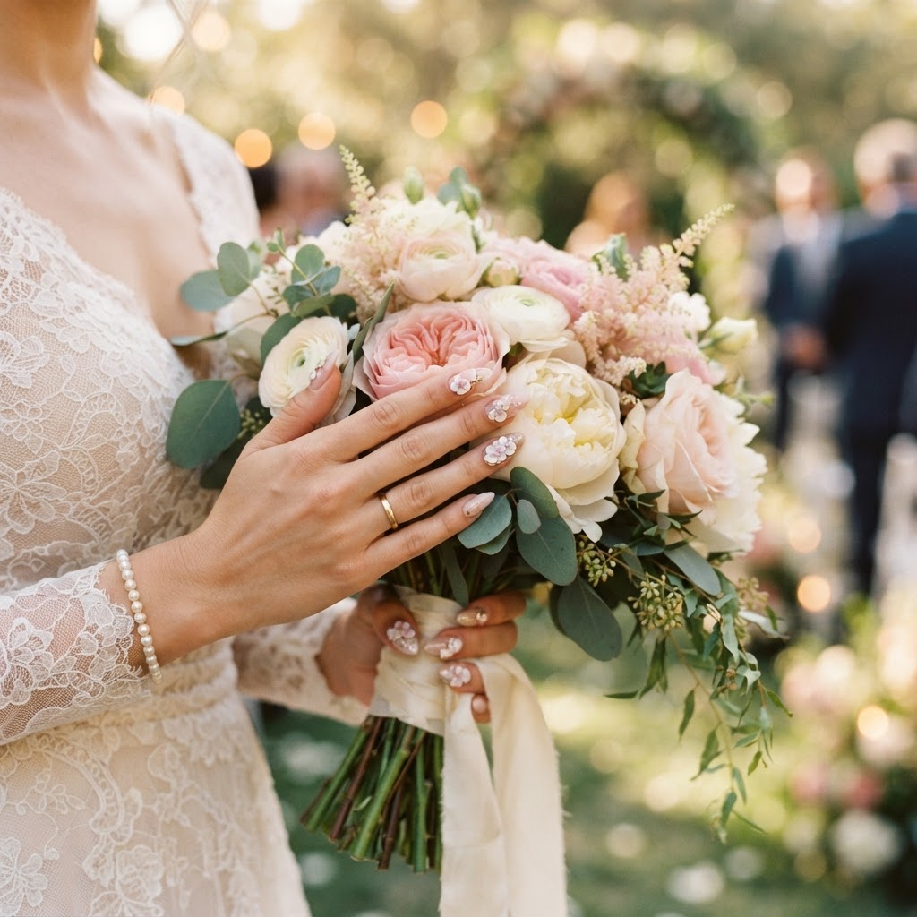 Stunning 3D floral press-on nails perfectly paired with a wedding bouquet.