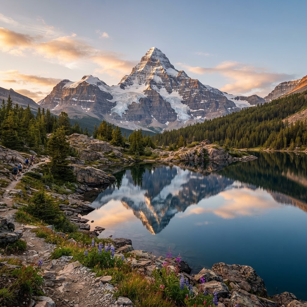 The golden hour provides the perfect light for a crisp, mountain reflection.