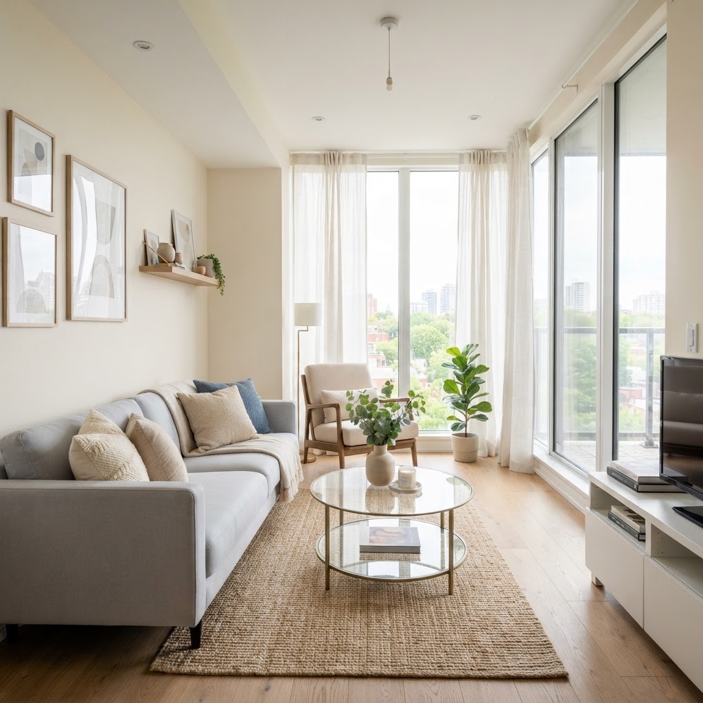 A sleek, light-gray sofa helps maximize space in this narrow living room.