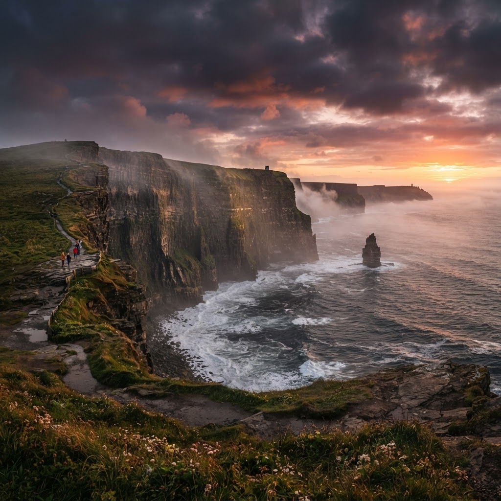 The iconic Cliffs of Moher bathed in golden sunset light.