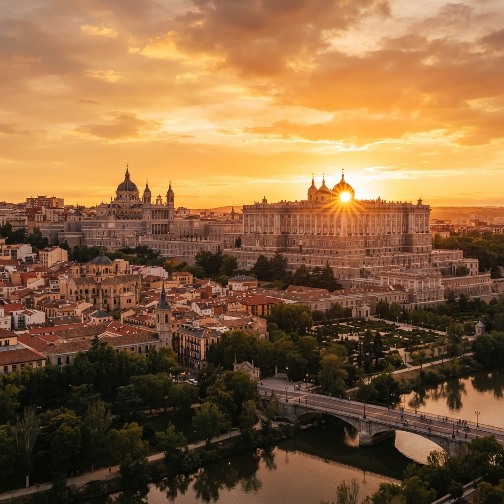 The Royal Palace glowing in the warm light of a Madrid sunset.