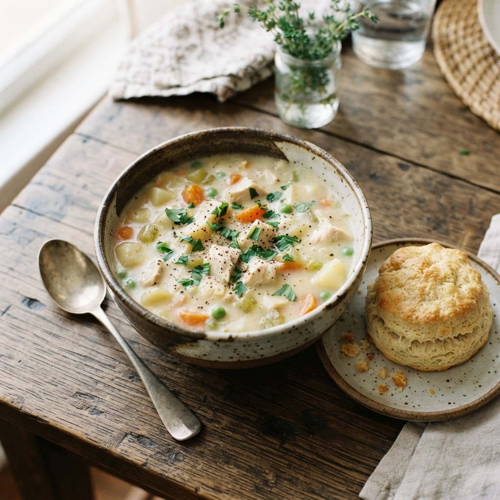 The finished creamy chicken pot pie soup served with a side biscuit.