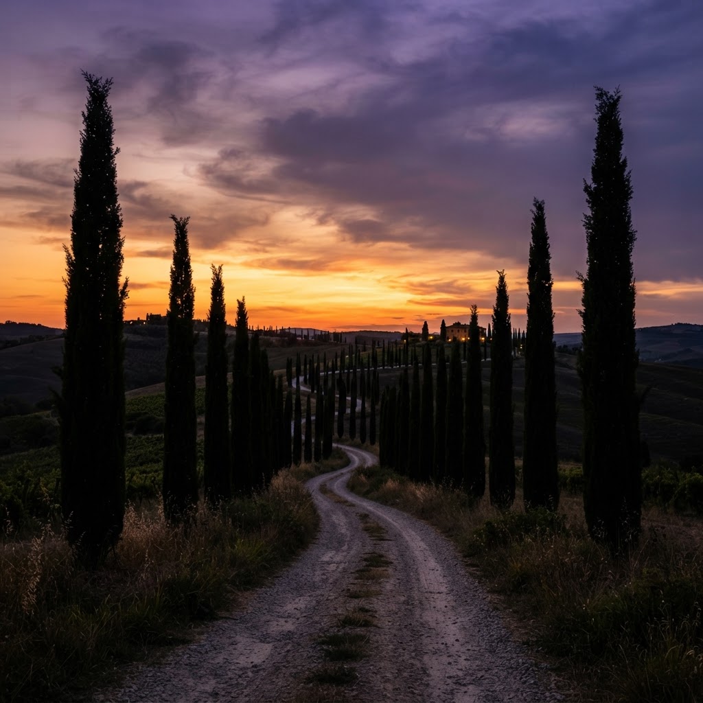 Iconic cypress-lined roads are best experienced during the peaceful hours of sunset.