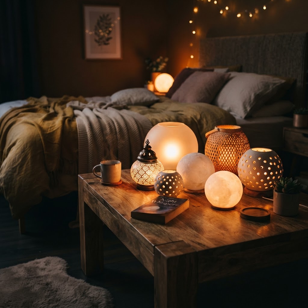 Soft lighting with orange hues creates a relaxing, sanctuary-like atmosphere.