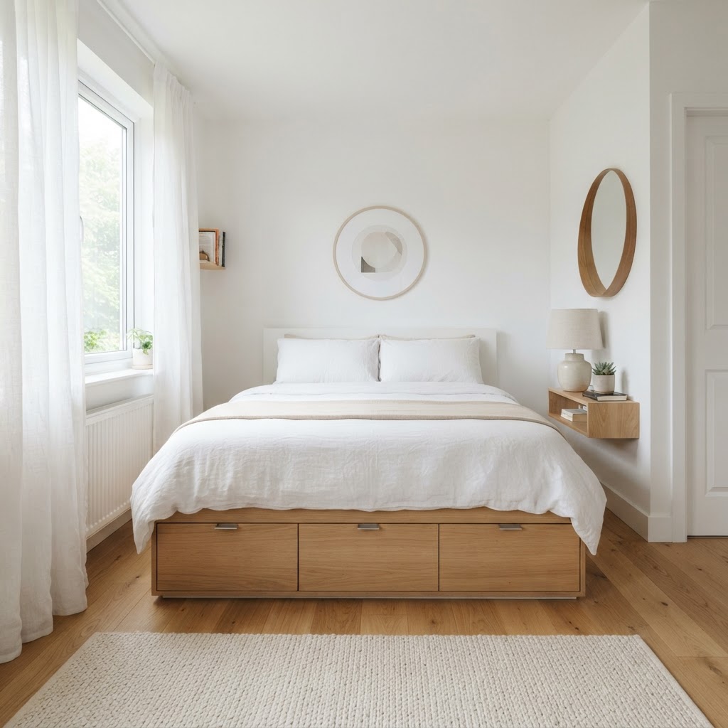 Maximize your footprint by utilizing the space beneath your bed for hidden storage.