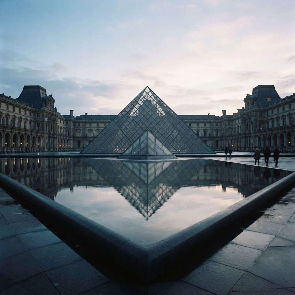 A perfectly symmetrical morning reflection at the Louvre.