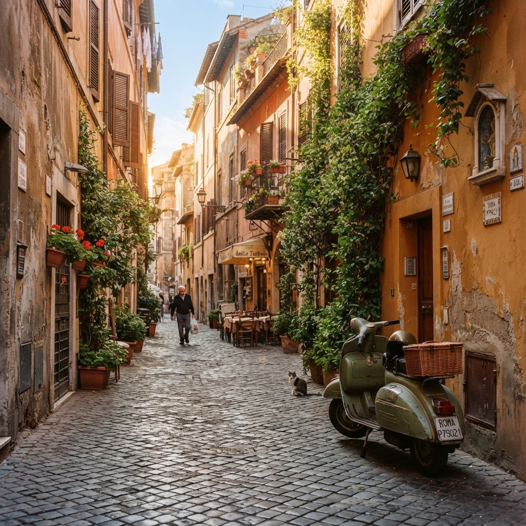 The golden morning glow hitting a classic Trastevere street.