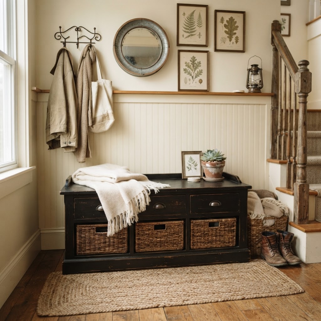 Rustic wood storage benches provide warmth and hidden organization.