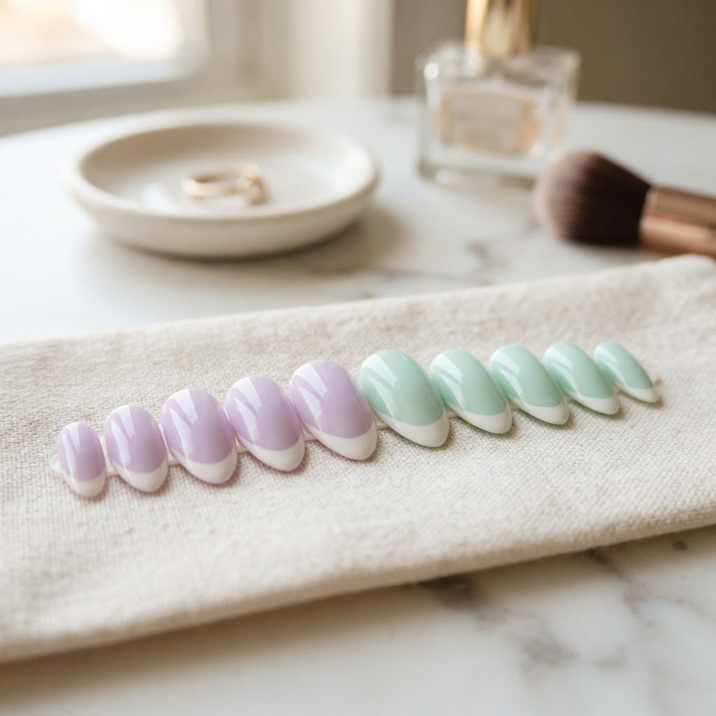 Pastel almond-shaped press-on nails for a sophisticated look.