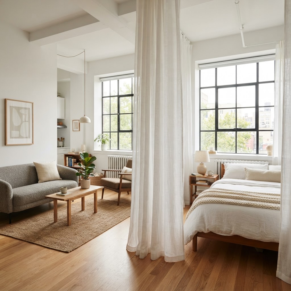 Using curtains provides an elegant way to hide the bed when not in use.
