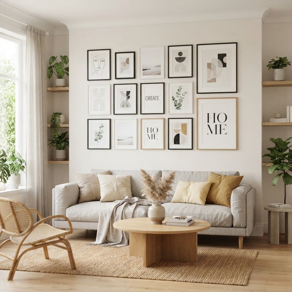 Removable wall art creates a sophisticated, renter-friendly focal point without damaging the walls.