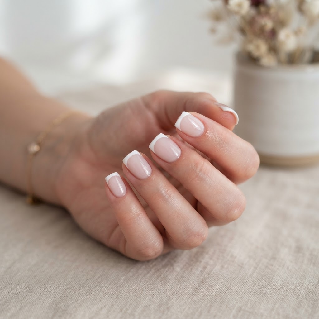 Classic square French tips for a timeless, clean look.