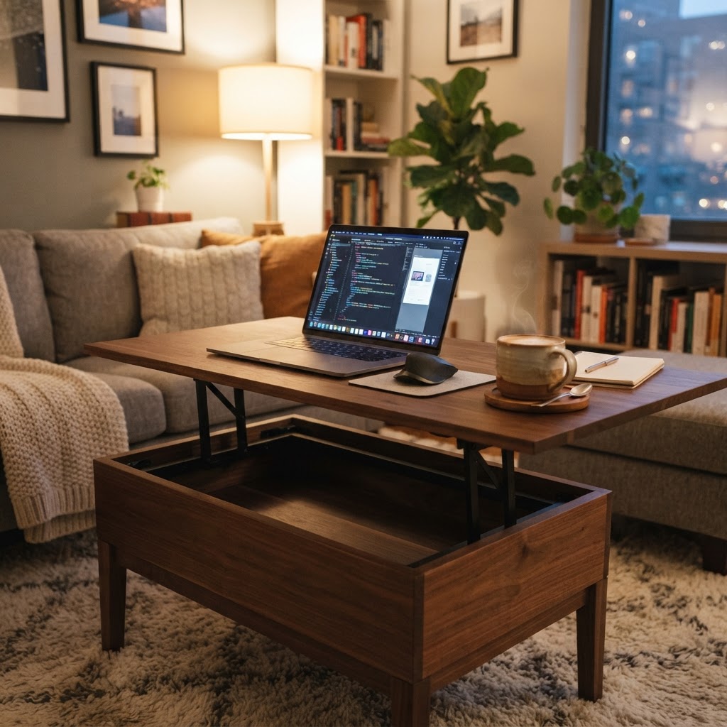 Lift-top tables double as perfect work-from-home stations.