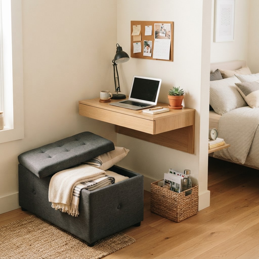 Multi-functional furniture allows for a streamlined, clutter-free look.