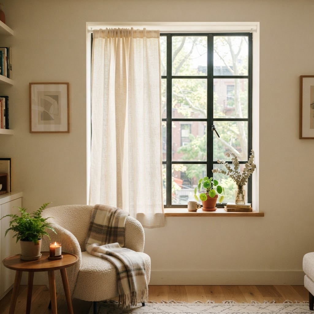 Achieve privacy in minutes with a tension rod and curtain.
