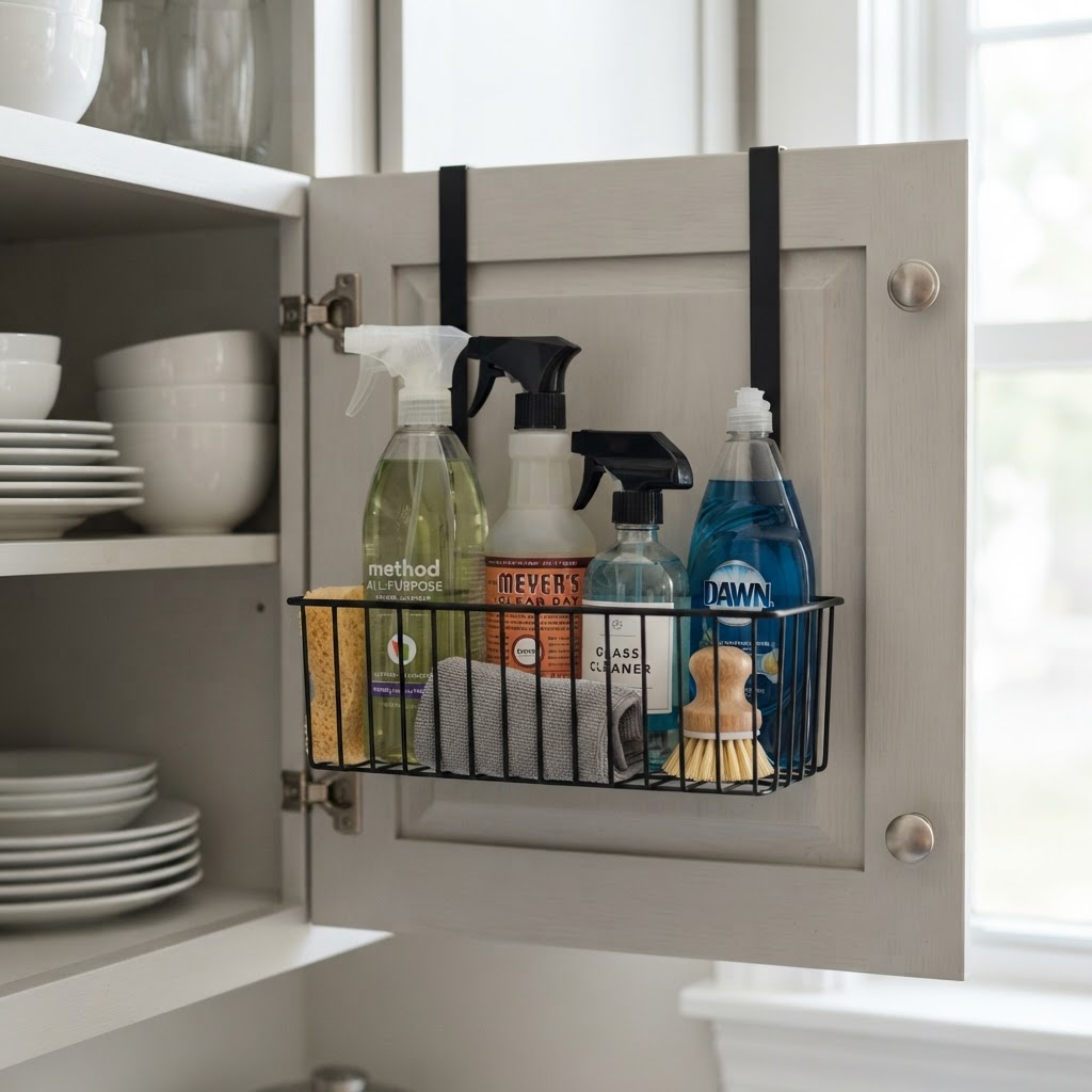 Make use of your cabinet doors to store frequently used cleaning tools.