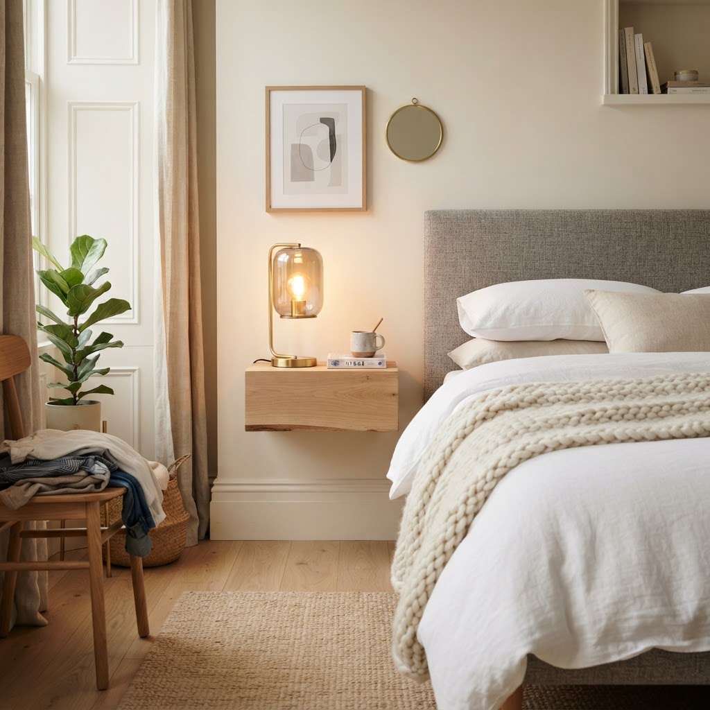 Floating furniture keeps the floor space clear and adds a modern touch.
